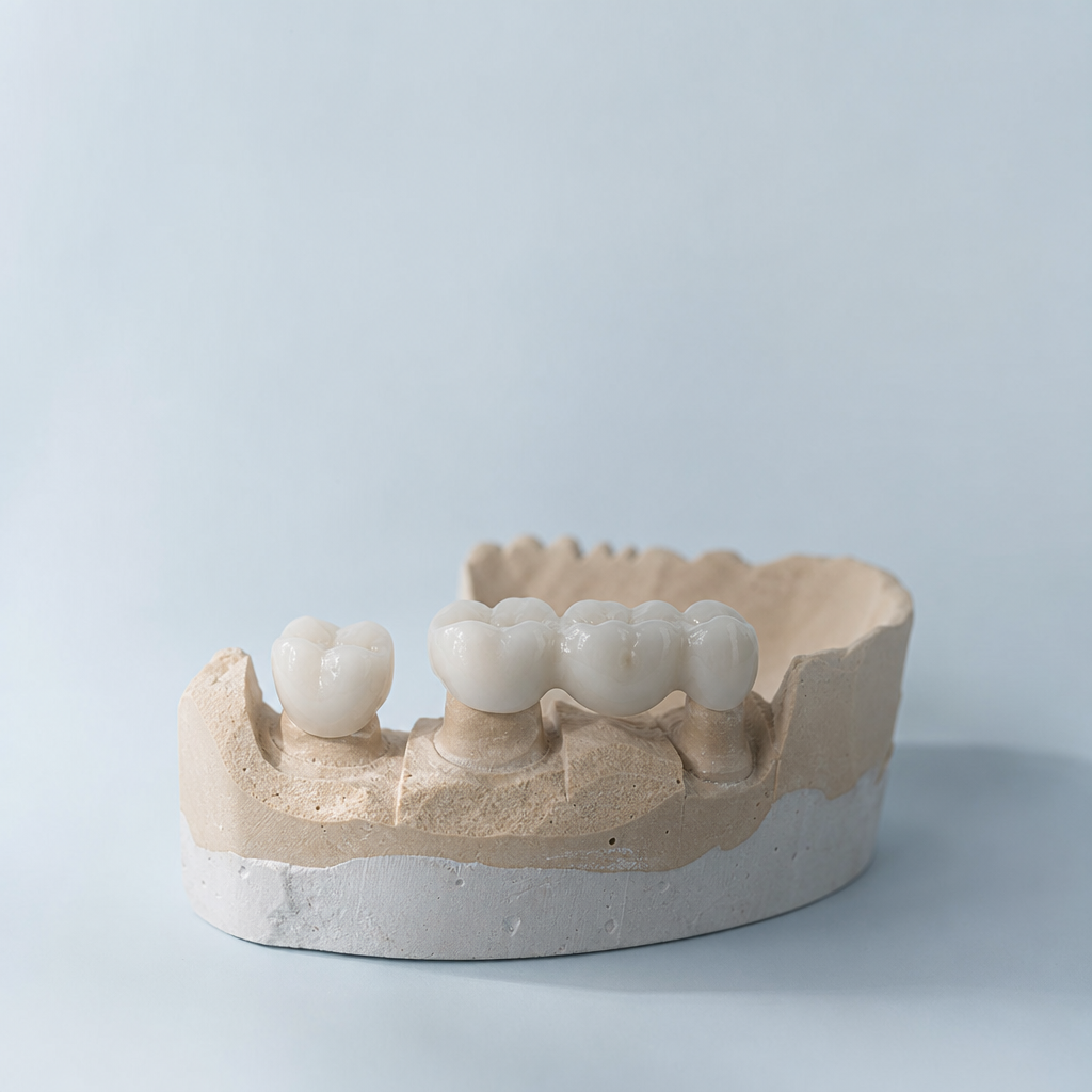 Porcelænskrone og bro på en gipsmodel